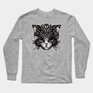 Kitty Doodle Cat Black And White Sketch Long Sleeve T-Shirt